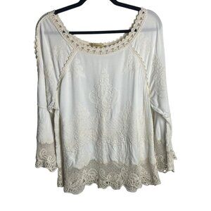 Democracy Size M White Lace Crochet Embroidered Blouse Top Prairie Boho Peasant